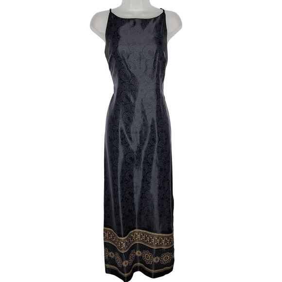 Vintage 90s Y2k All That Jazz Maxi Dress Satin Sleeveless Slit Column 7 / 8 - Picture 1 of 11